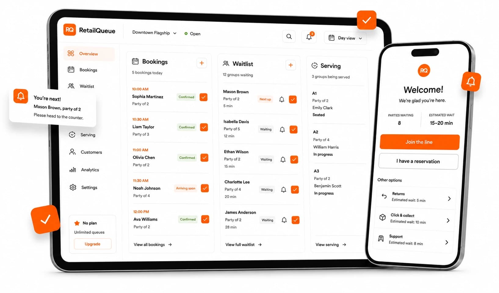 RetailQueue dashboard shown on a tablet, next to the customer join-queue screen on a phone